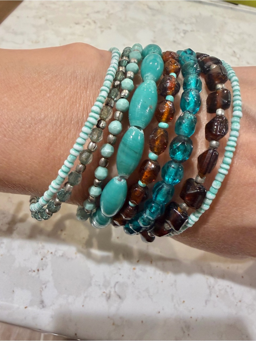Multi-Row Boho Plastic Beaded Memory Wire Wrap Stack Bracelet – Teal & Amber